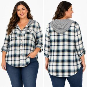 Daytrip Plaid Hooded Button Shirt Women 2X